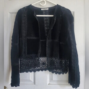 Vintage IDI by Matthew suede crochet patchwork black cardigan jacket size s/m